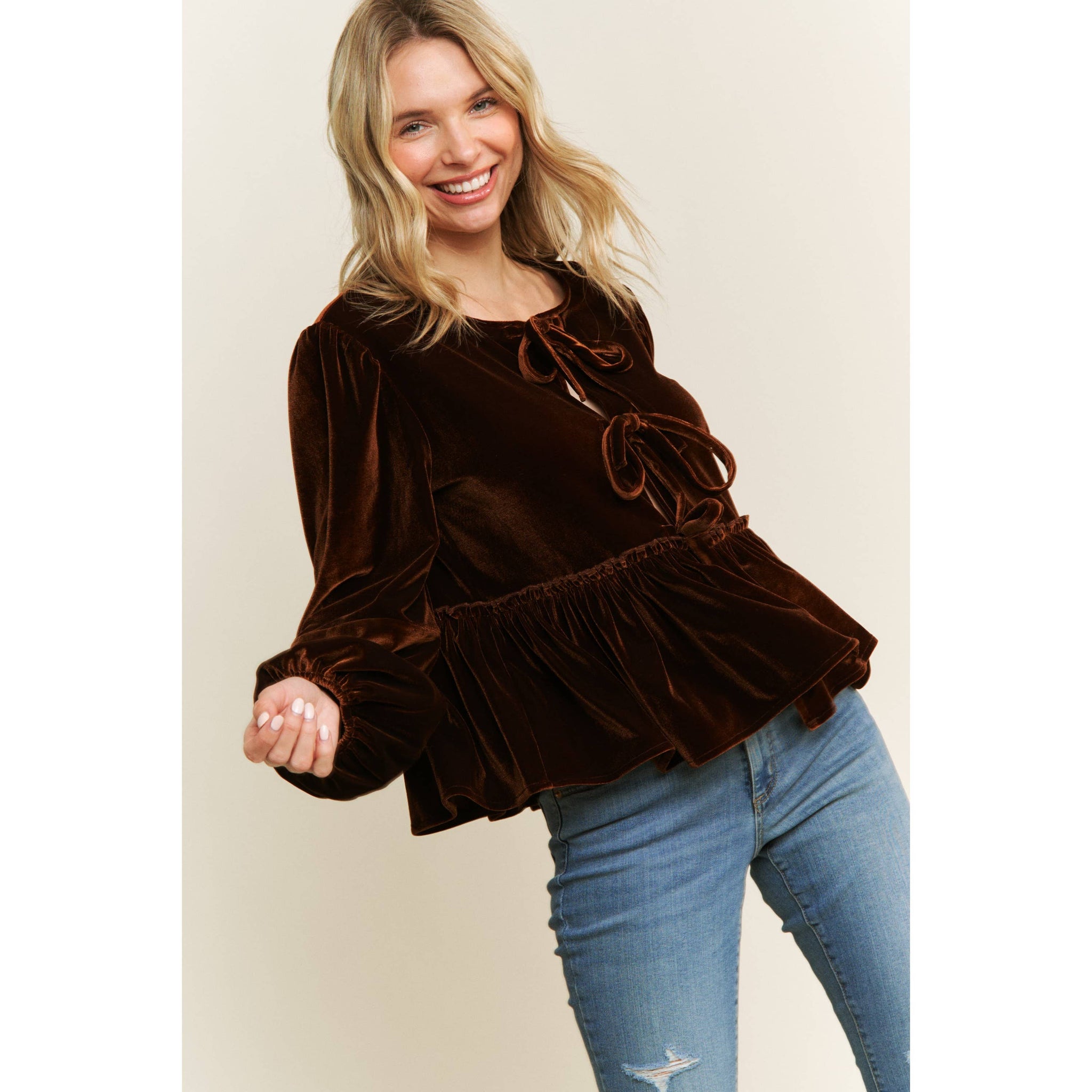 VELVET OPEN FRONT BABYDOLL LONG SLEEVE BLOUSE WITH BOW DETAIL