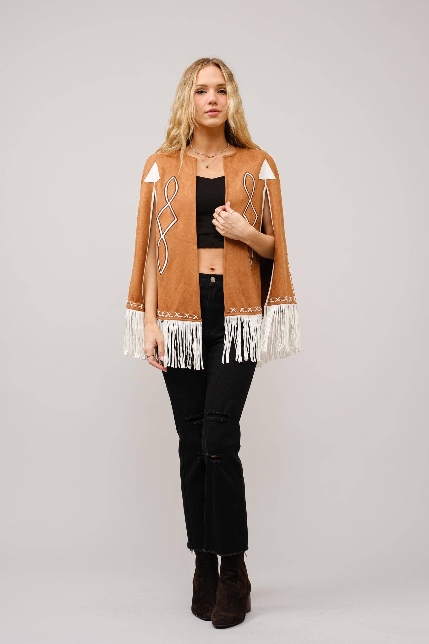 36306J - Fringe Detail Open Cape Jacket: CAMEL