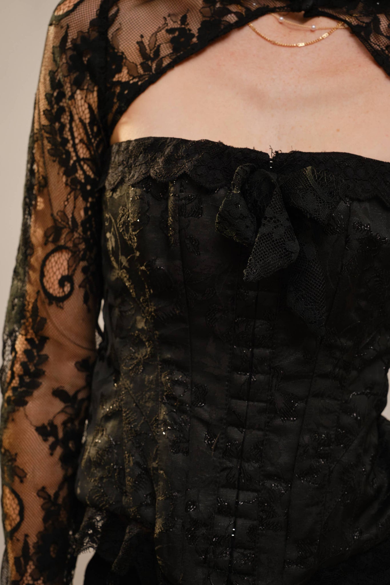 23741SET Lace Bow Front Corset & Bolero Set: BLACK