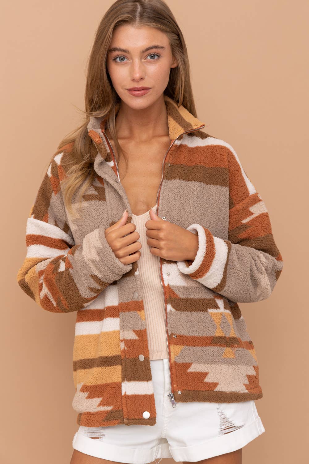 31851J - Aztec Soft Cozy Zip Up Lined Snap Up Jacket: SIENNA