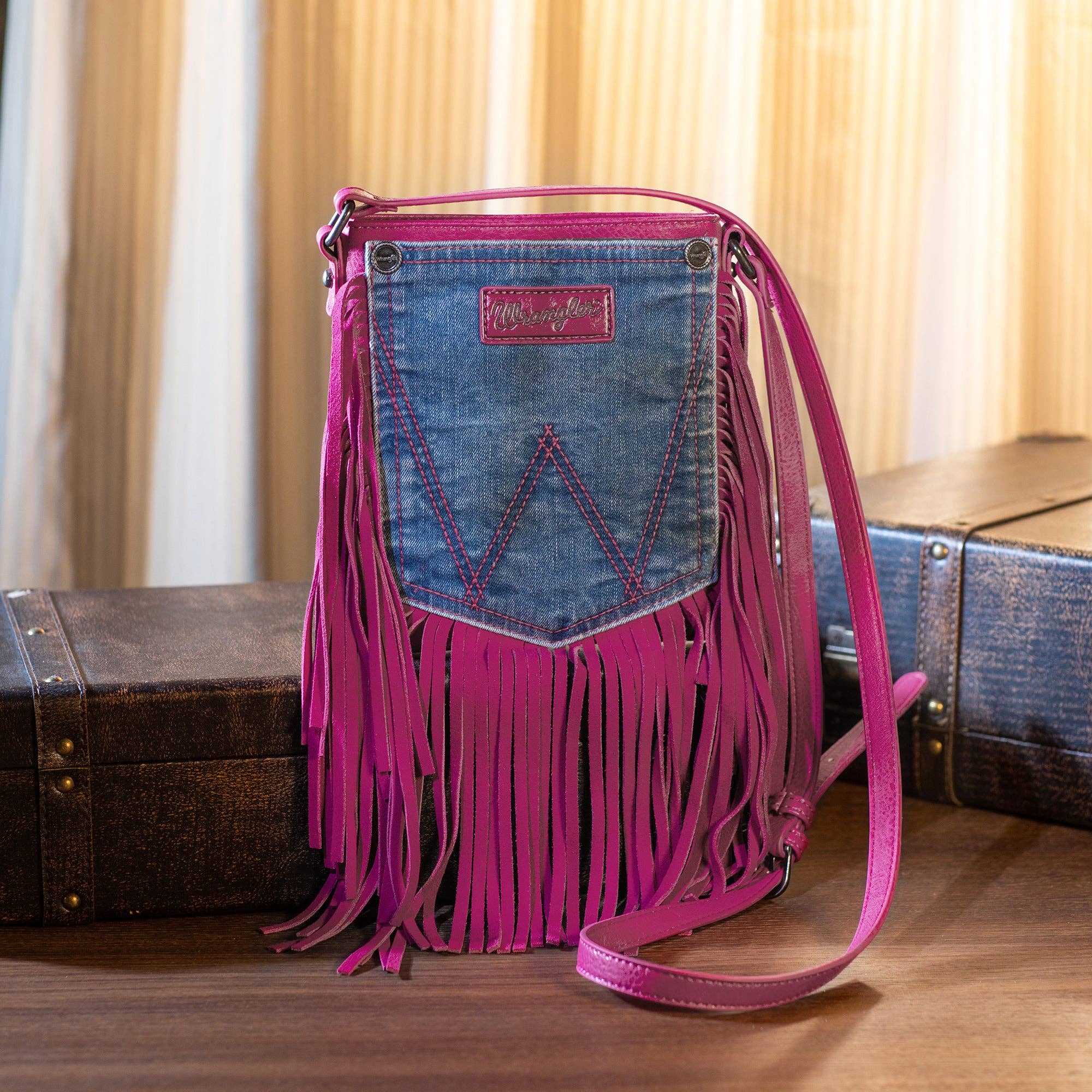 WG44-8360 Wrangler Leather Fringe Jean Denim Pocket Crossbody - Hot Pink: Pink