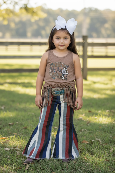Multi-color stripe printed bootcut denim pants. PNG65153068
