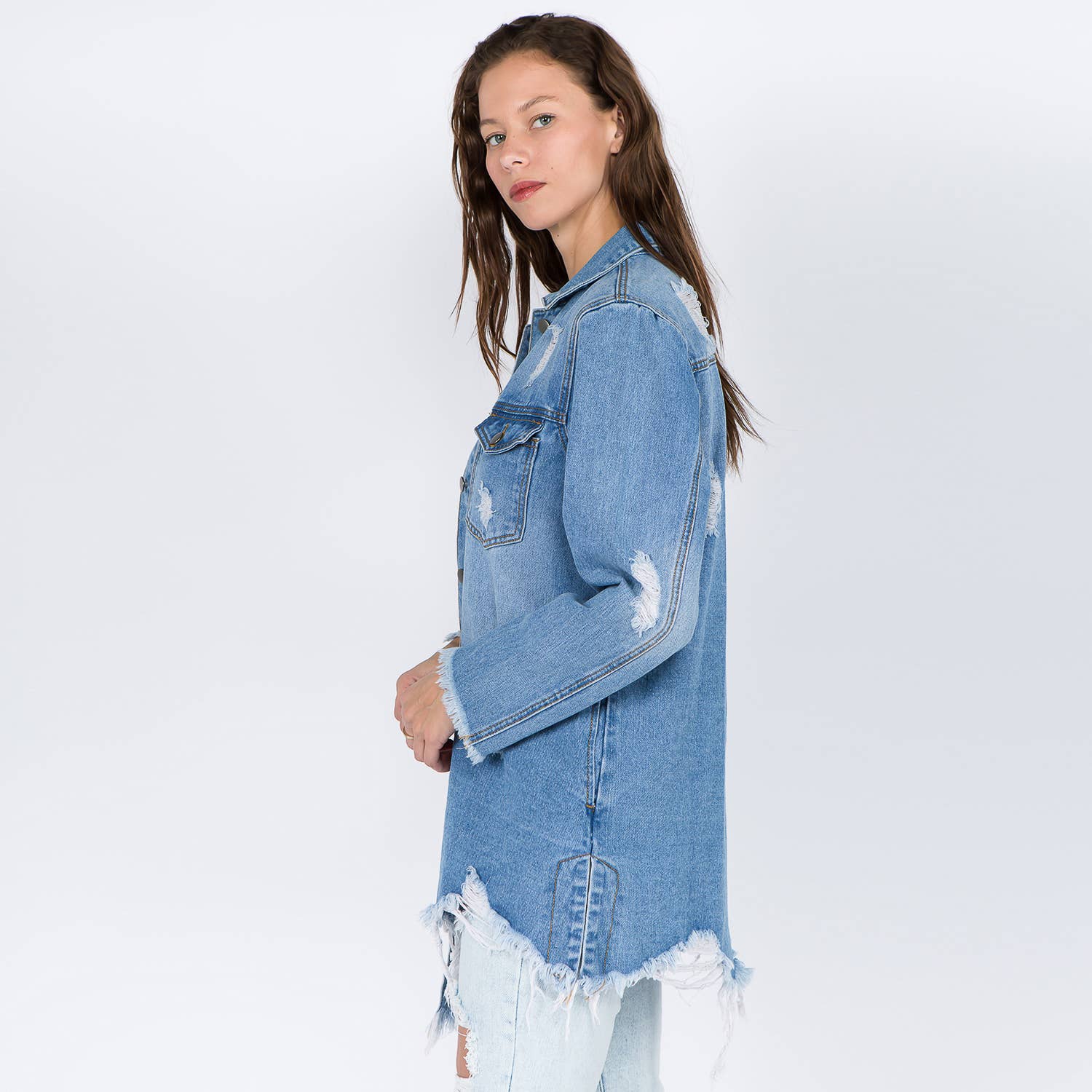 DISTRESSED DENIM SHIRT STYLE JACKET-RJK3661: LIGHT BLUE / L