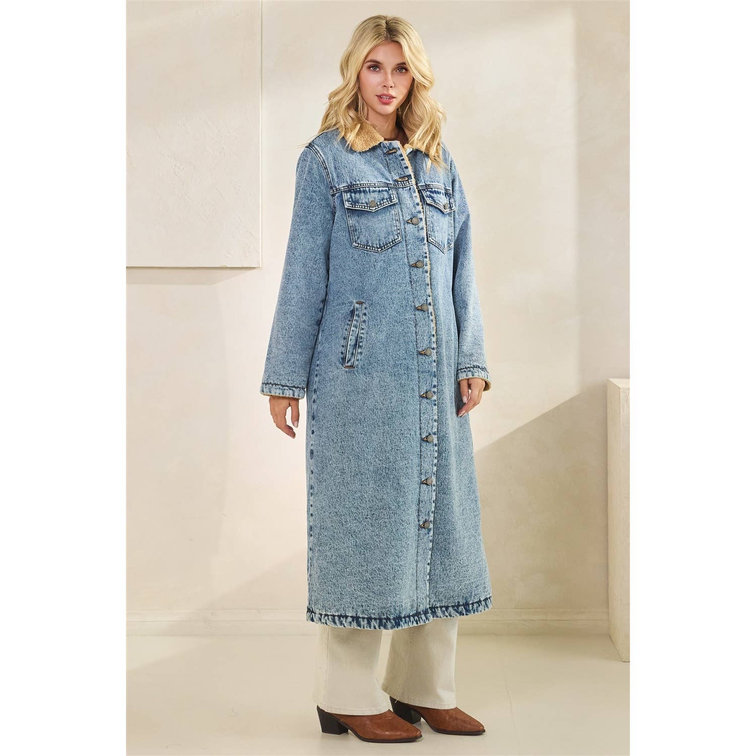 Teddy Lined Long Denim Jacket: Med Wash