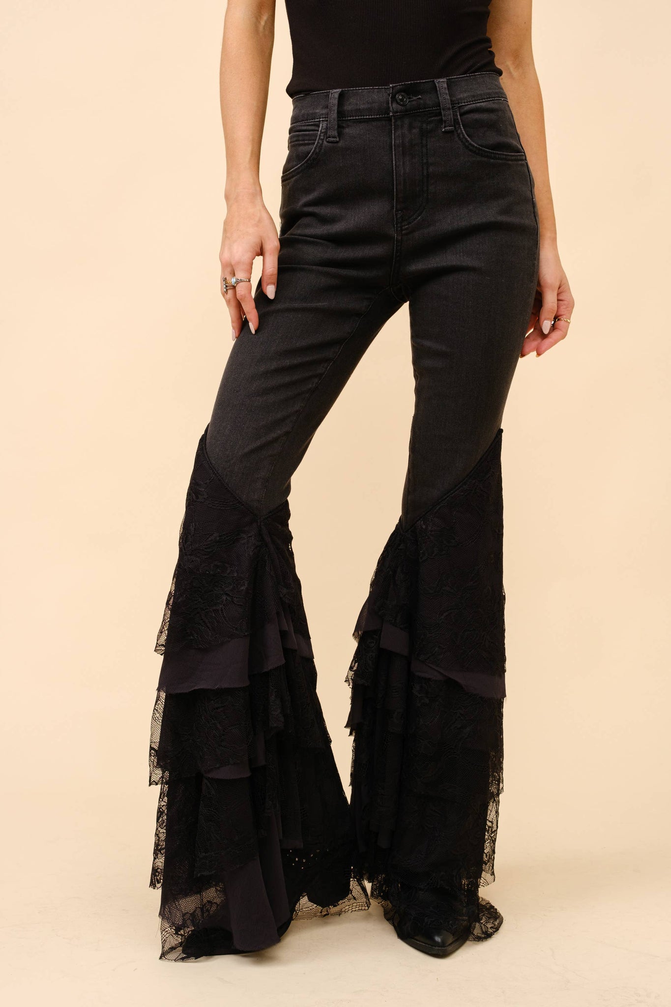 Mid Rise Lace Tiered Flare Denim Jeans