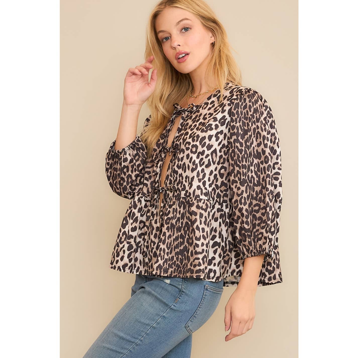 ANIMAL WOVEN PRINT OPEN FRONT BABYDOLL TOP BLOUSE WITH BOW D: Brown Multi