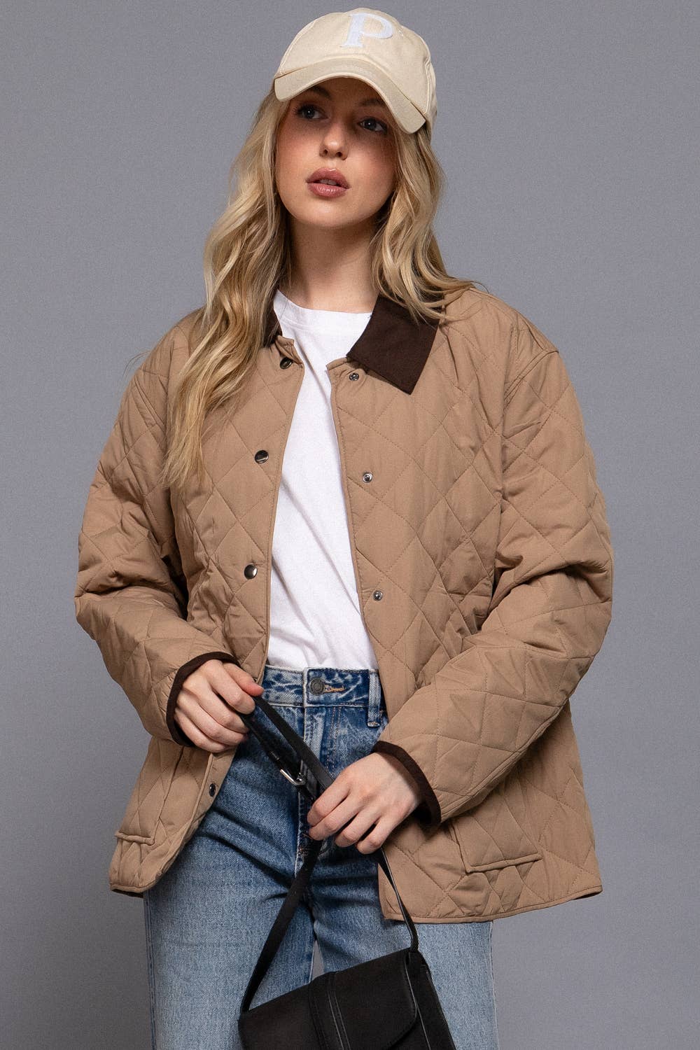 Long Sleeve Contrast Lapel Collar Quilted Puffer Work Jacket: