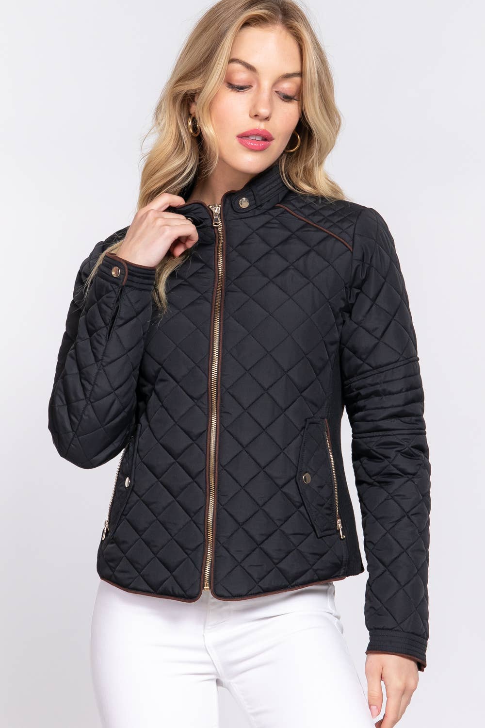 Suede Piping Detail Rib Quilted Padding Jacket : BLK