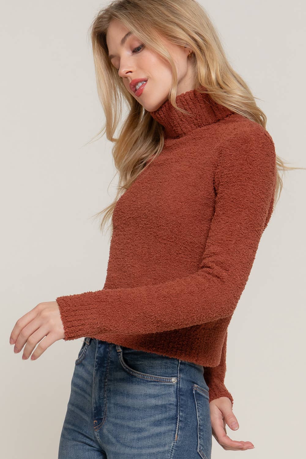 Long Sleeve Turtle Neck Fluffy Sweater: RST-rust brown