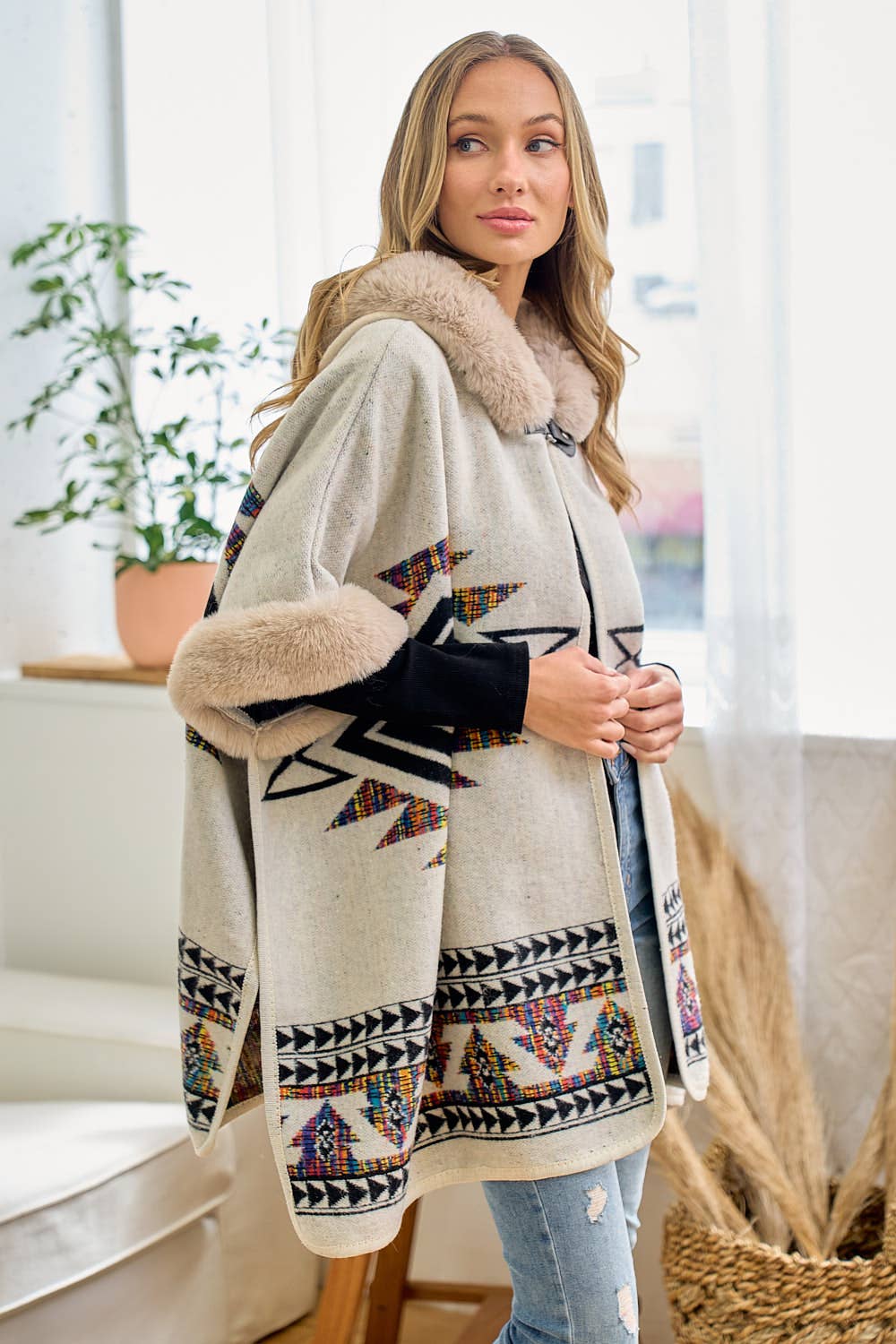 Rainbow Multi Diamond Faux Fur Hooded Poncho: TAUPE MULTI