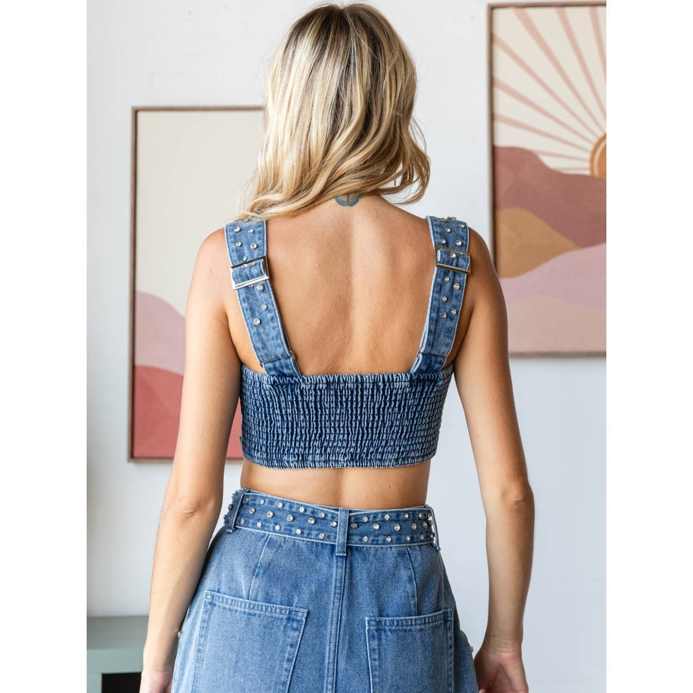 Rhinestone Belt Denim Tank Top: Med Wash