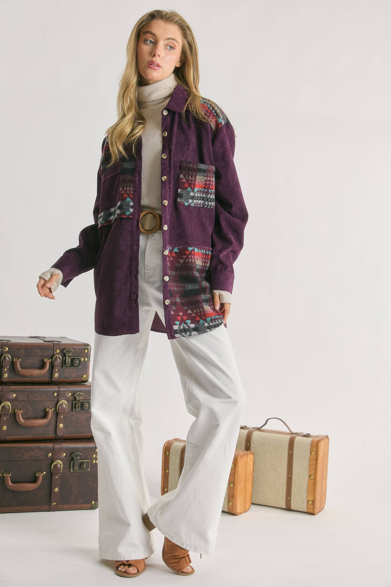 GEO JACQUARD WEAVING CONTRAST BUTTON FRONT SHIRT