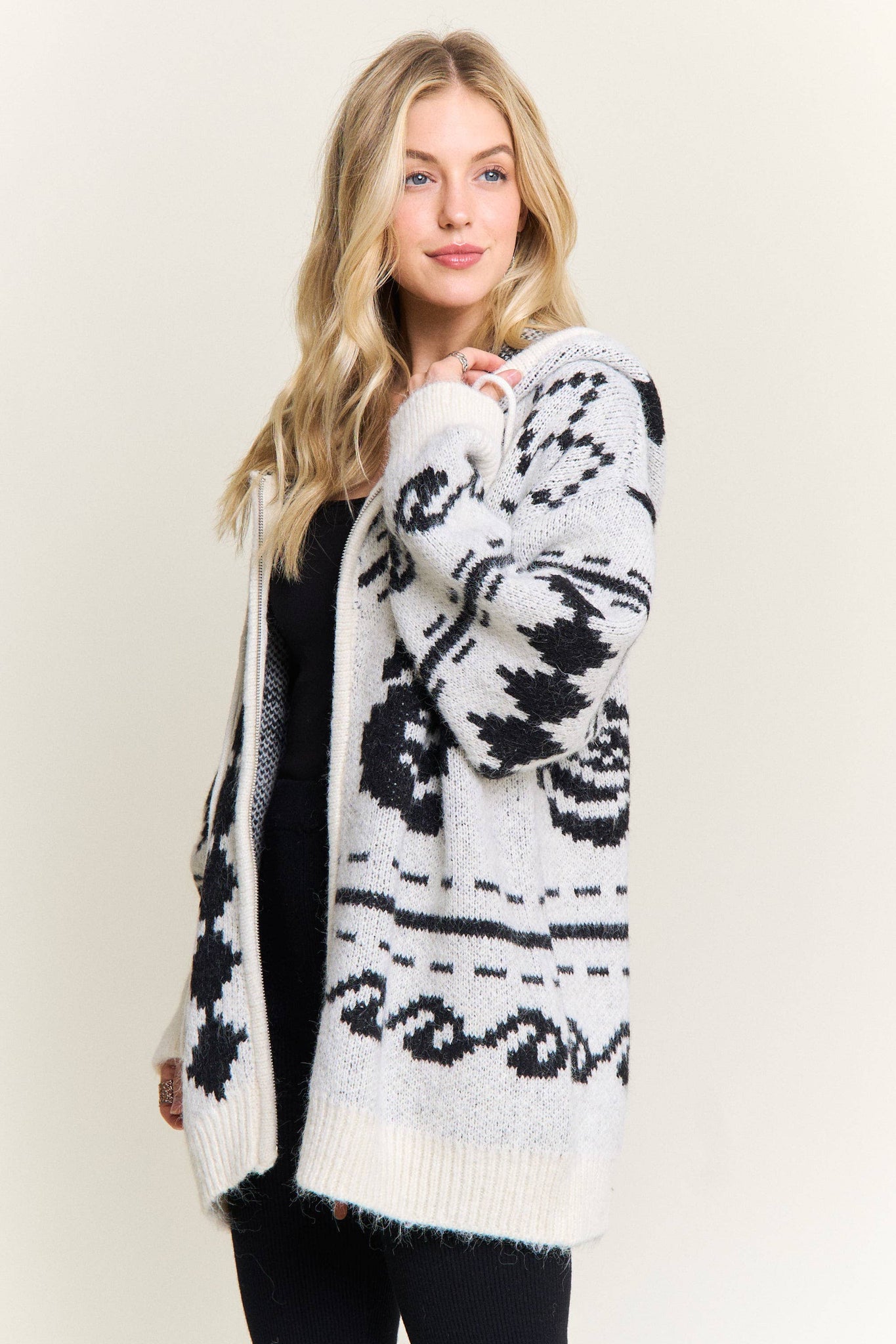 CESW4139-ZIP-UP AZTEC HOODED KNIT CARDIGAN:ONESIZE