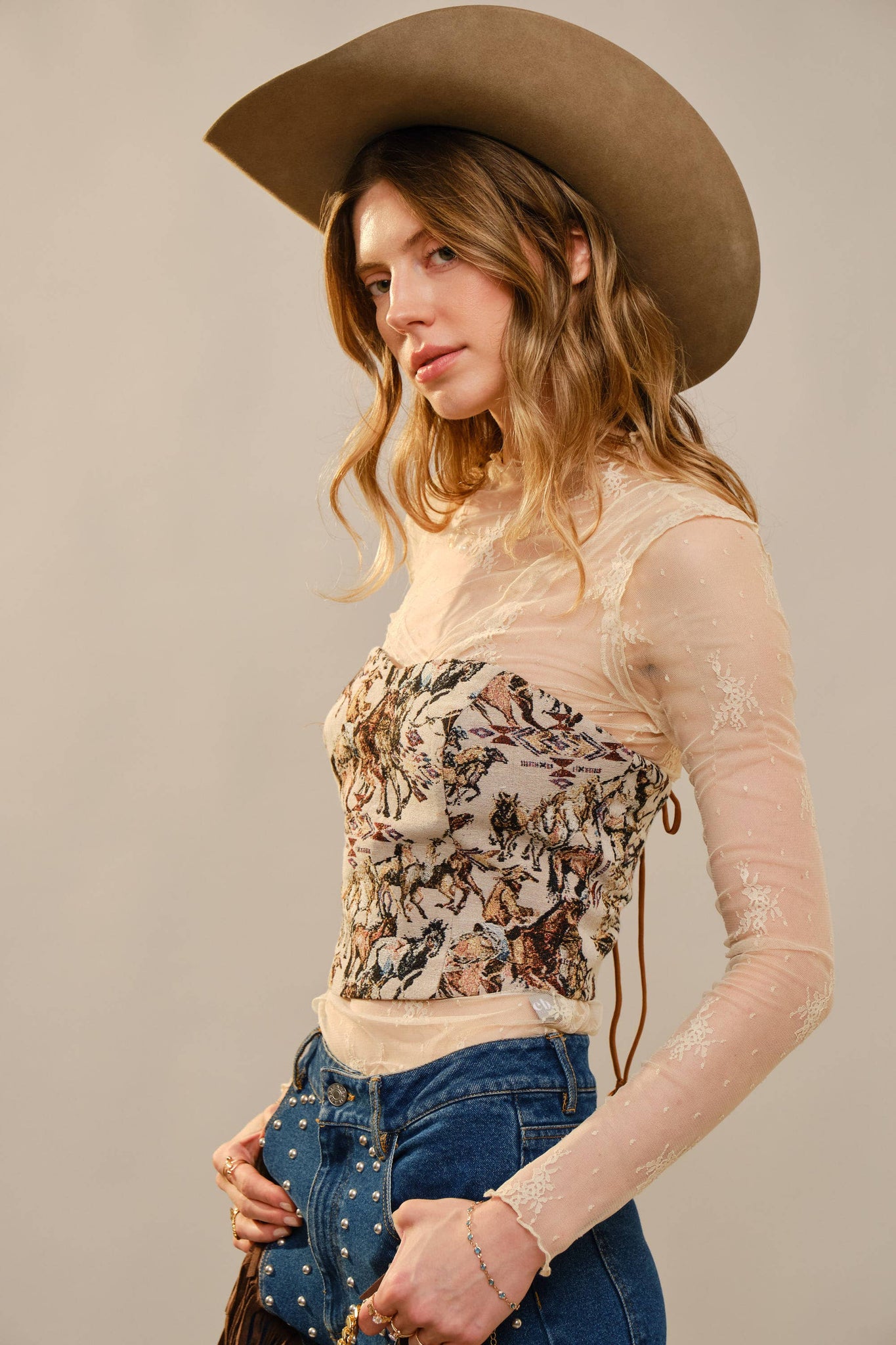 33158T - Horse Jacquard Lace-Up Corset Top: TAUPE MULTI