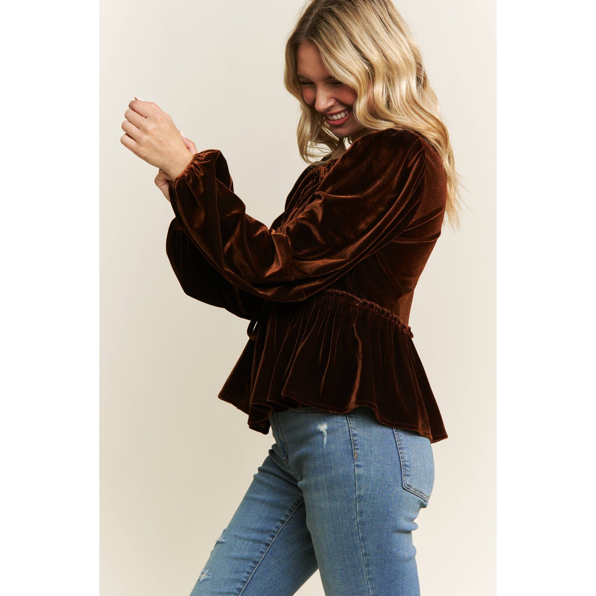 VELVET OPEN FRONT BABYDOLL LONG SLEEVE BLOUSE WITH BOW DETAIL