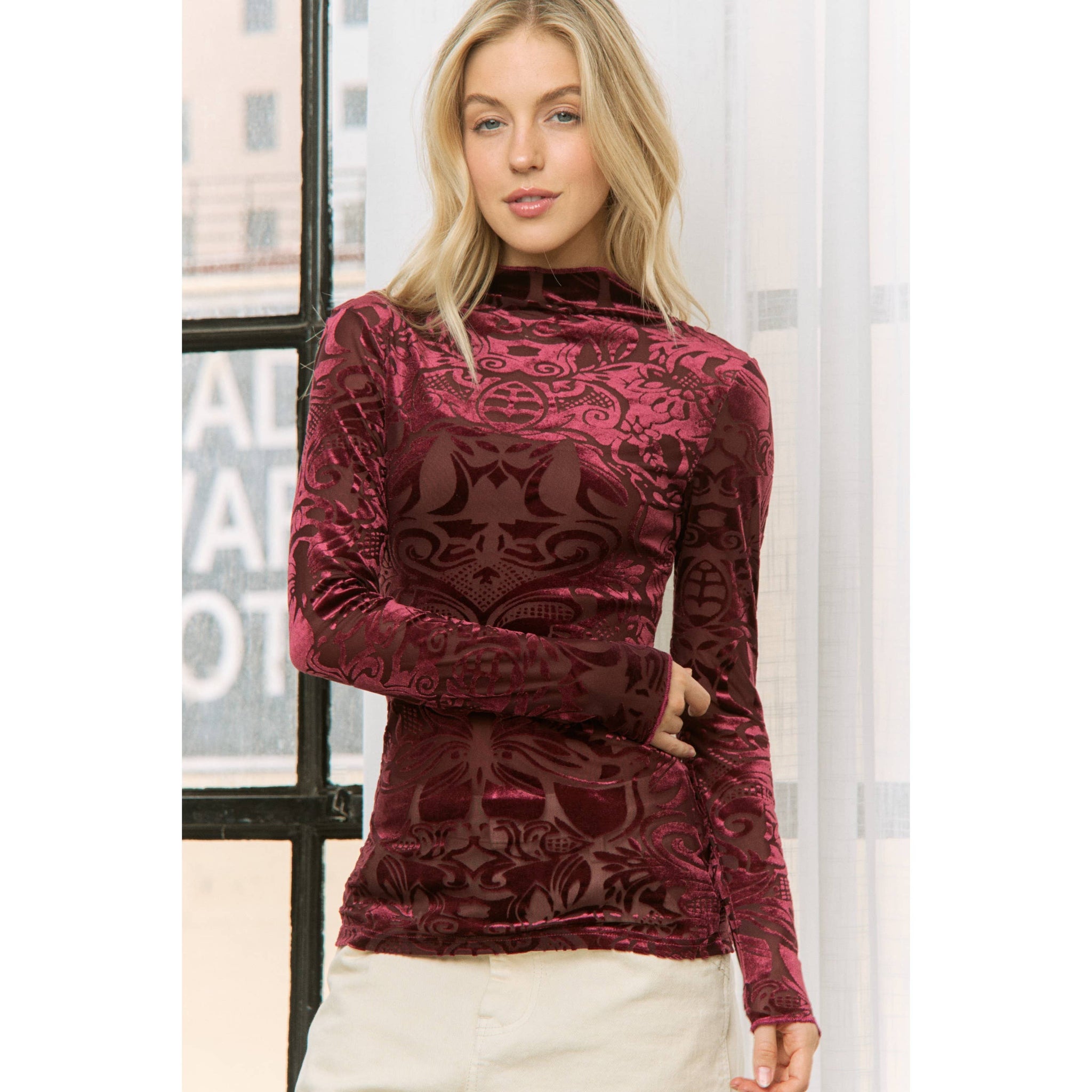 VELVET BURN OUT SLIM FIT HIGH NECKLINE TOP: