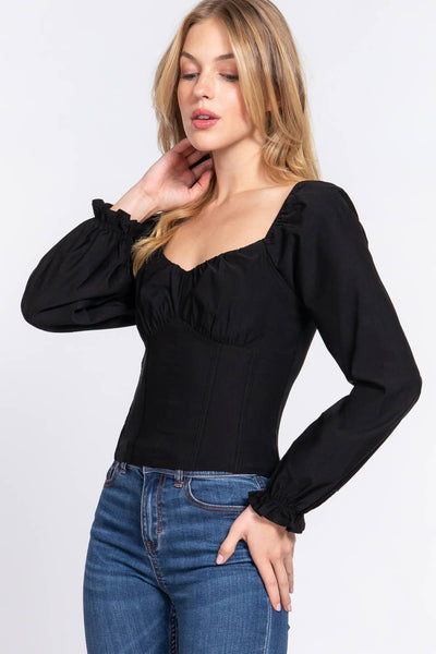 Long Sleeve Sweetheart Neckline Stretch Bustier Top: BLK-black