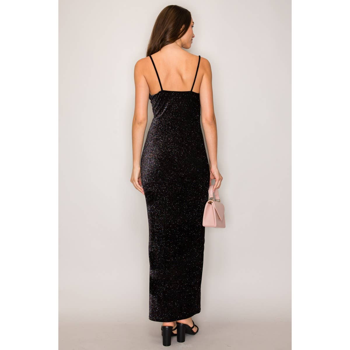 Glitter Velvet Cowl Neck Maxi Dress: Black