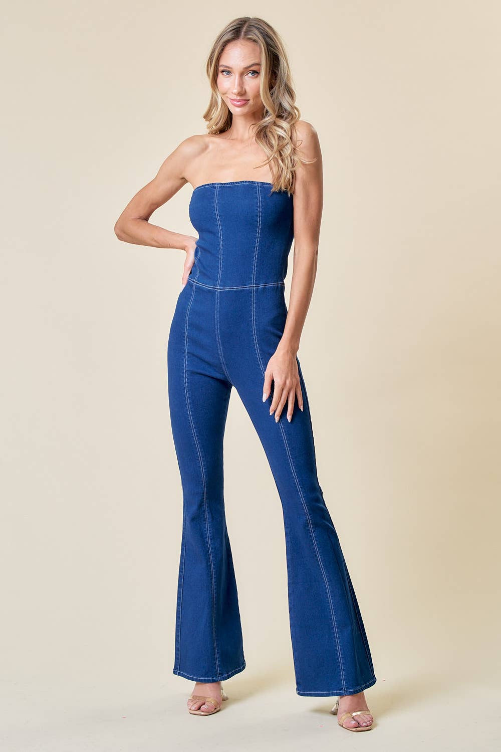 SIR4332A DENIM BLUE TUBE TOP STRAPLESS FLARE DENIM JUMPSUIT