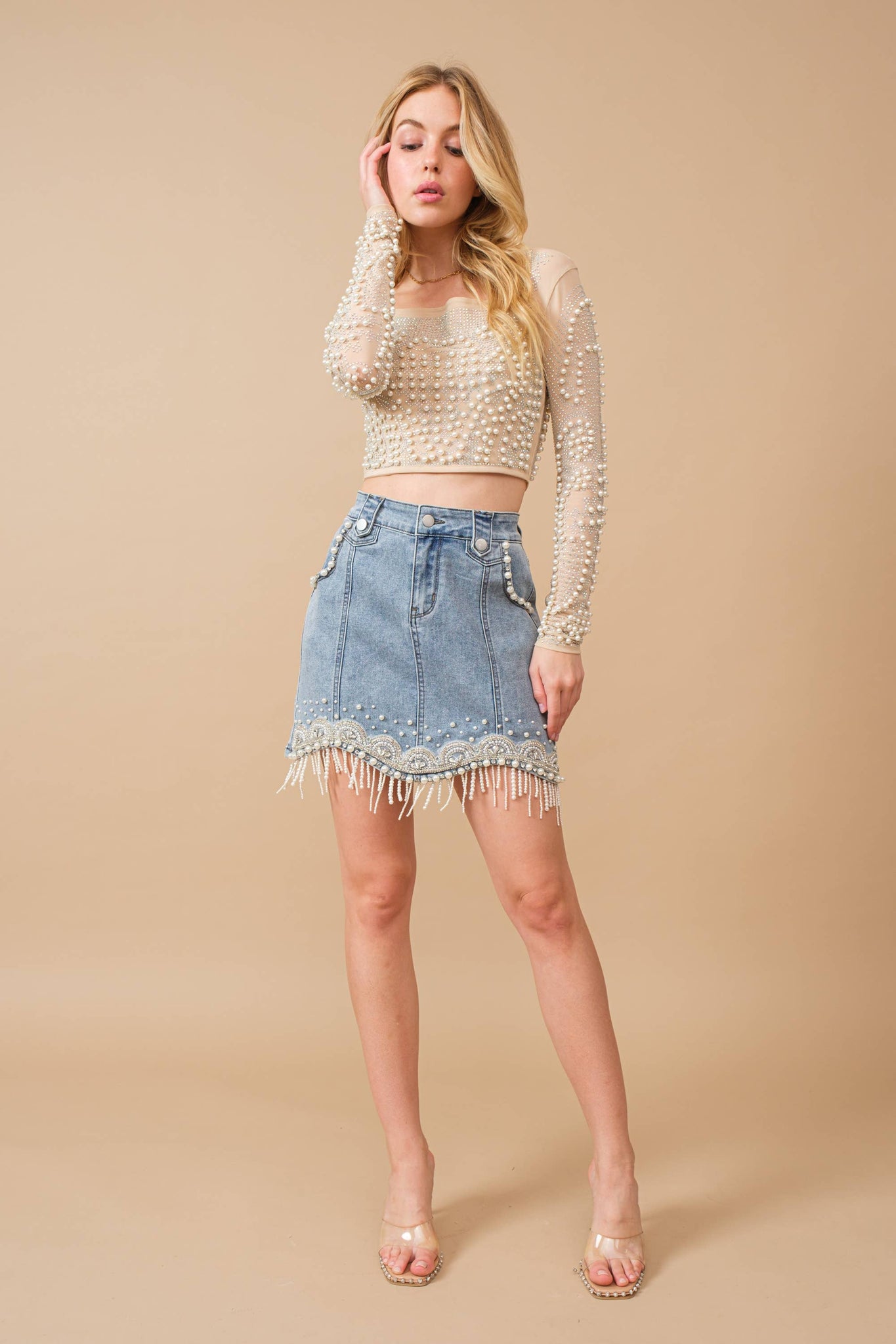 80038S - Stretch Denim Embellished Pearl Fringe Mini Skirt: MED WASH