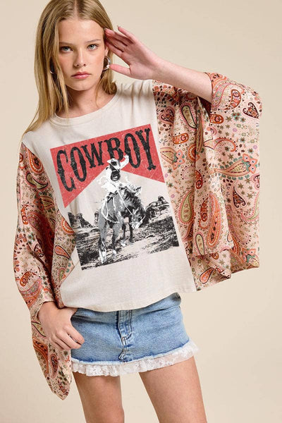 Cowboy Western Vintage Graphic Rustic Kantha Top: ANTIQUE WHITE