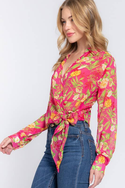 Surplice Floral Print Chiffon Blouse: Hpk-Fuchsia