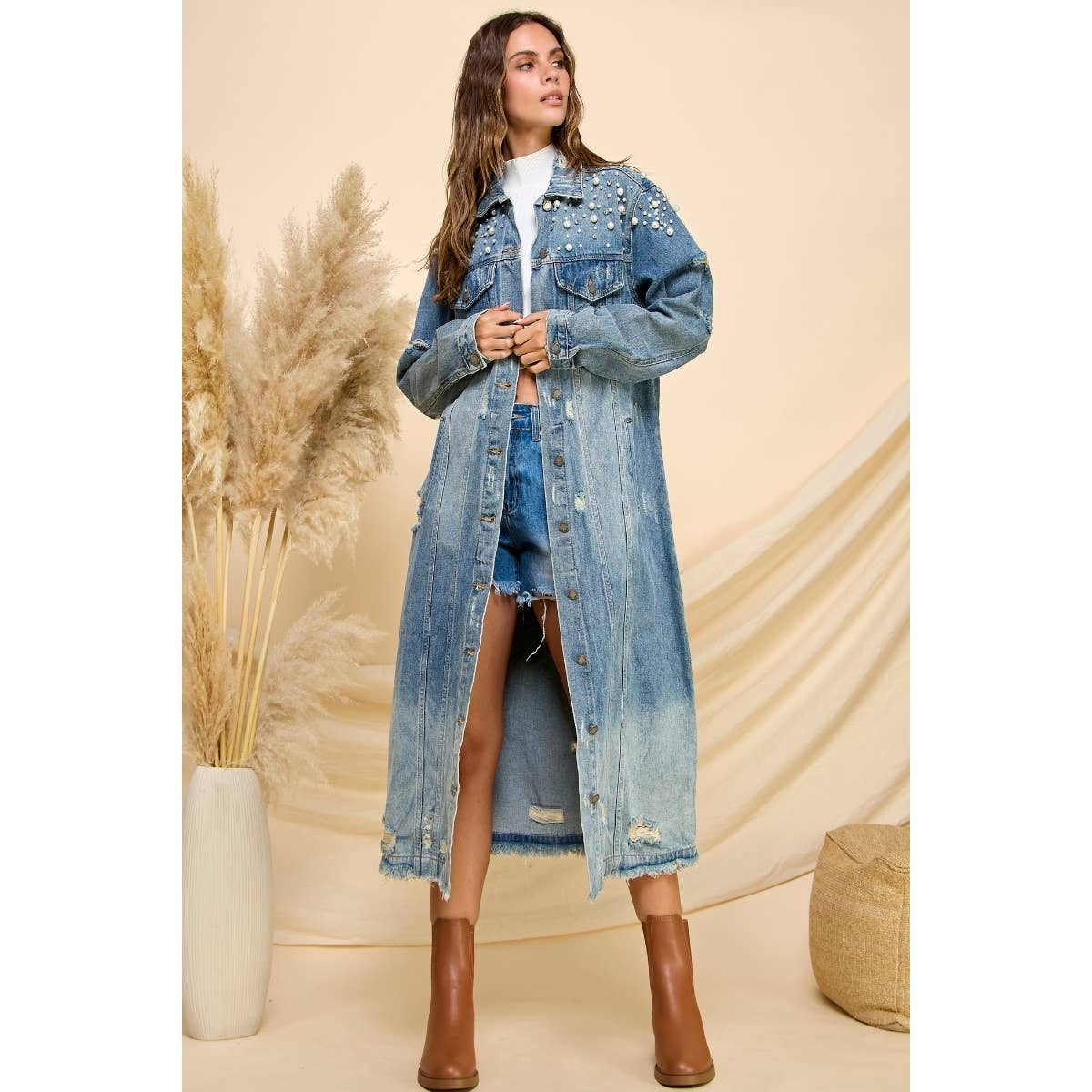 Pearl And Crystal Distressed Long Denim Jacket: Med Wash