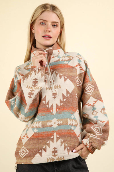 NT11854-Aztec Printed Henley Woven Pullover Top: CREAM MIX