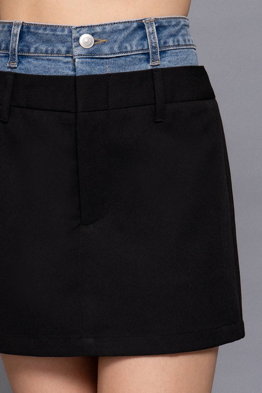 Contrast Denim Waist Mini Skirt: BLK-BLACK