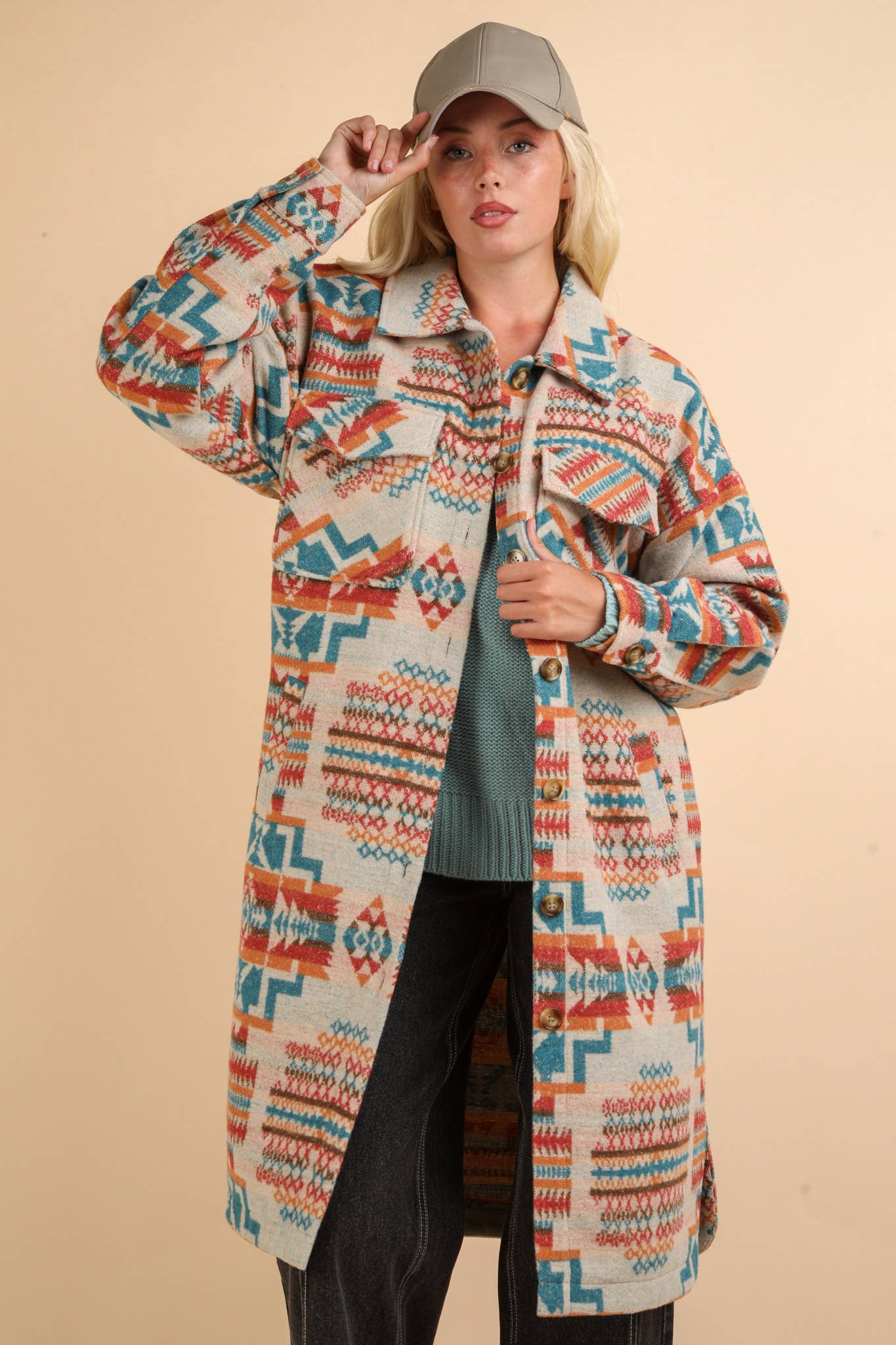 Aztec & Plaid Printed Shacket Jacket Coat: TEAL MIX