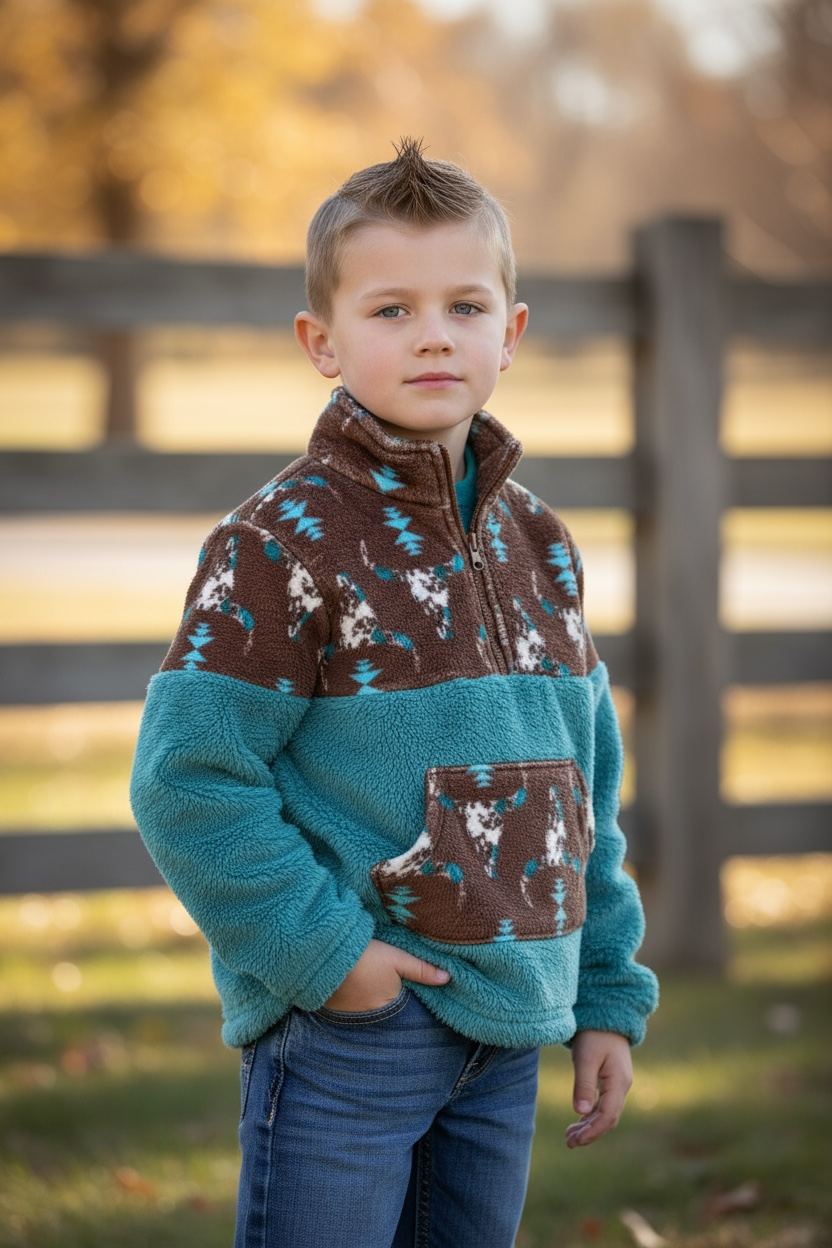 Sherpa & fleece aztec printed on teal pullover. (WESTERN) TPB50690