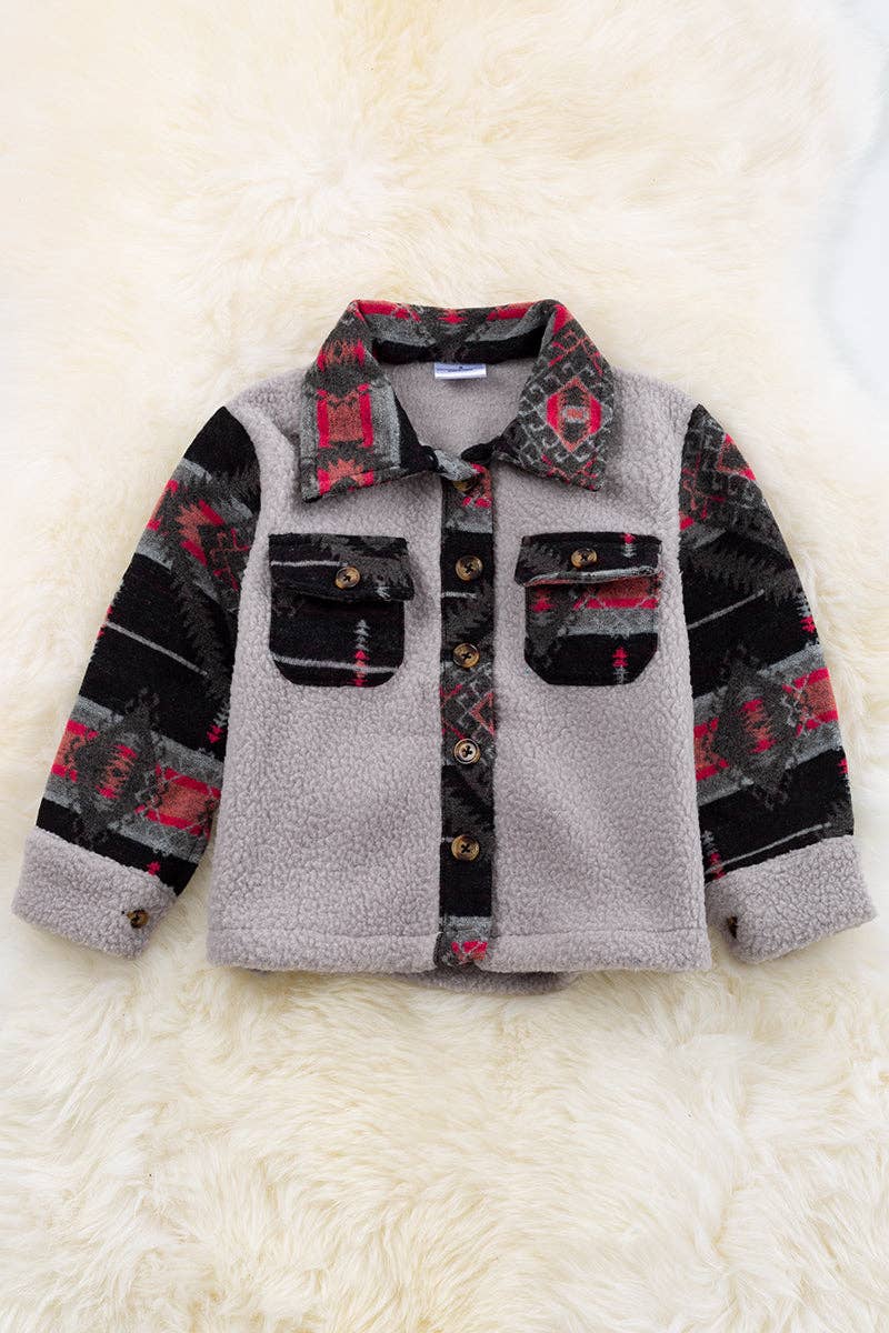 💎Lt. Gray sherpa shacket with black geometric printed sleeve. TPG65133049