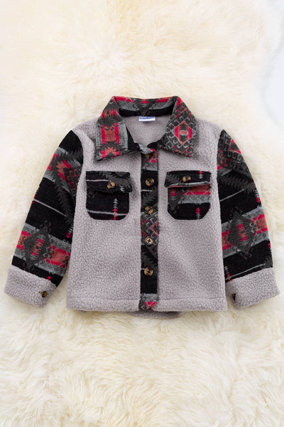 💎Lt. Gray sherpa shacket with black geometric printed sleeve. TPG65133049