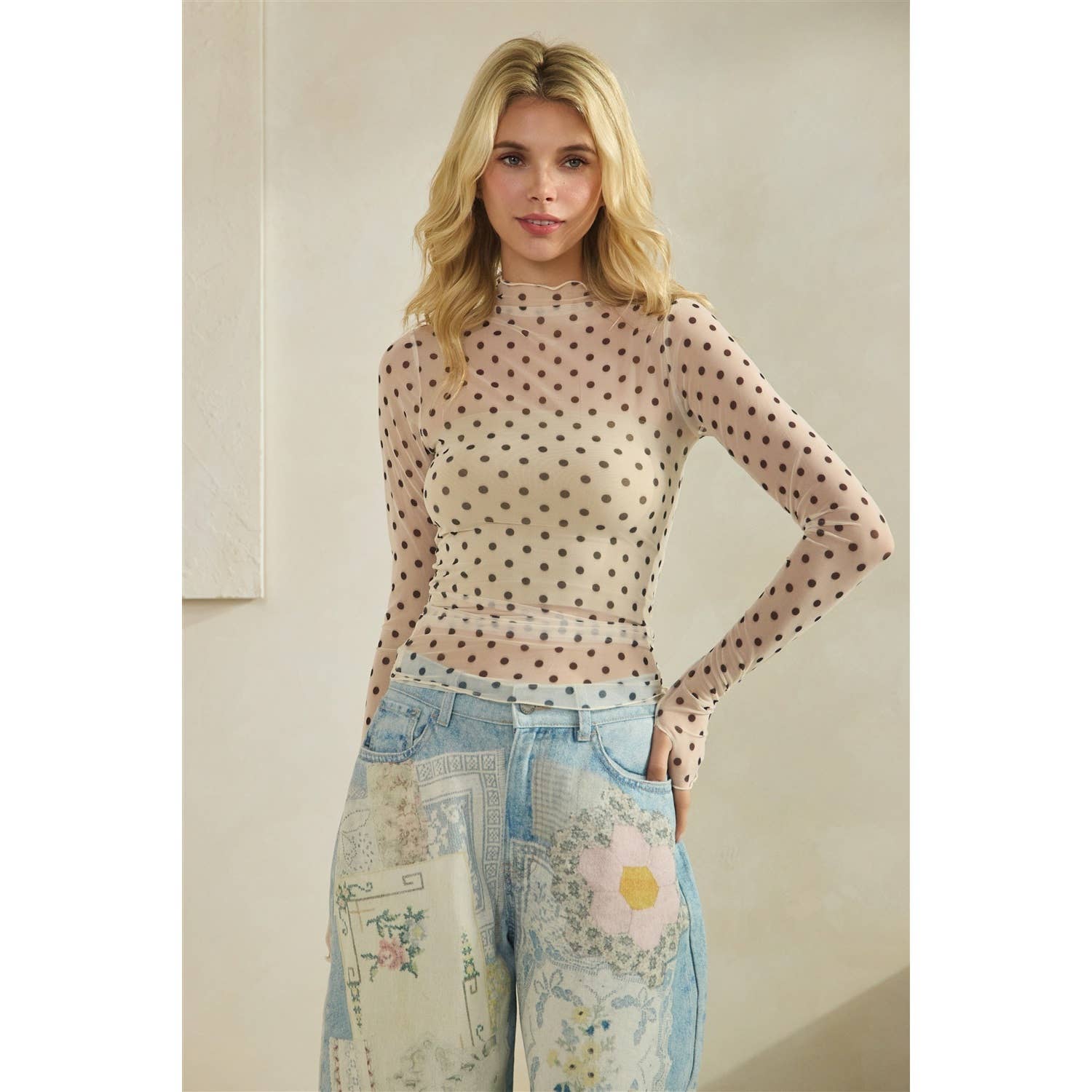 Lace Long Sleeve See Through Top: Ivory Polka Dot