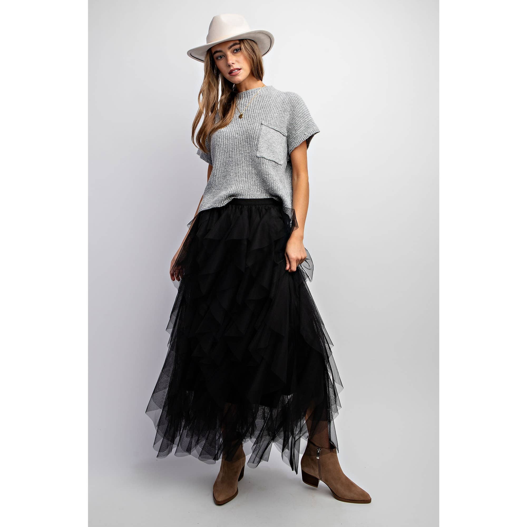 CASCADING TULLE MESH LAYERED MAX SKIRT: Black