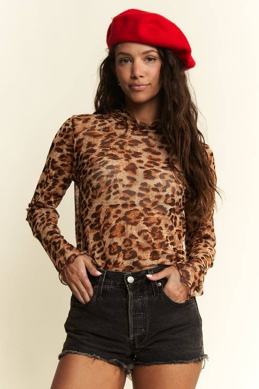 ANIMAL PRINT MESH MOCK NECK TOP: MOCHA BROWN