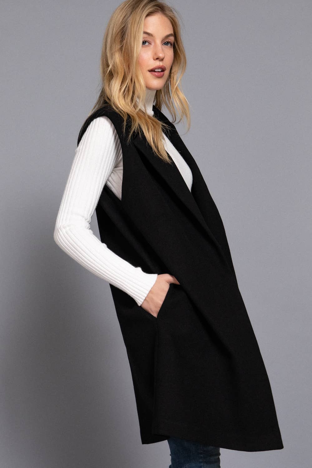 Sleeveless Notched Collar Soft Open Vest: