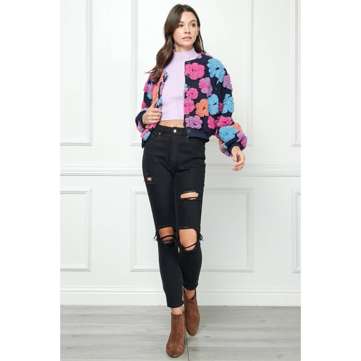 Felted Flower Puff Sleeve Button Jacket: Pink