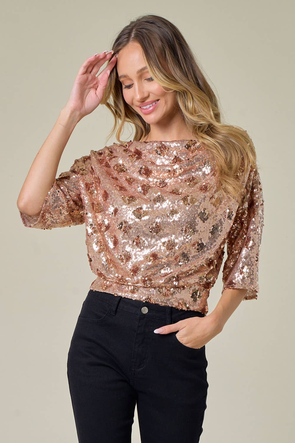 SIT3583A GOLD DROP SHOULDER HOLIDAY SEQUIN TOP