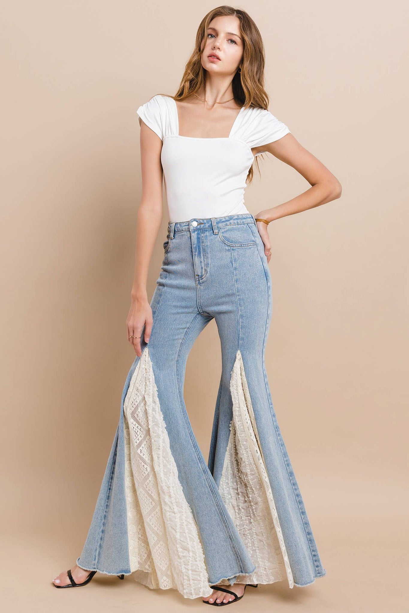 LACE DETAIL WIDE LEG JEANS 2481PIB LIGHT DENIM: LIGHT DENIM