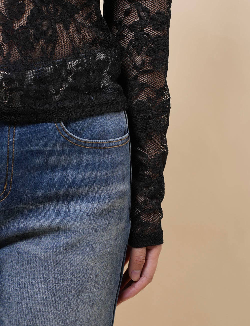 Ladies V-Neck Floral Lace See Sheer Layering Top Pullover