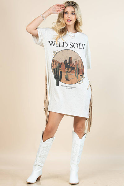 D1593-5234-Gaia Western Wild Soul Print T Shirt Dress: Beige