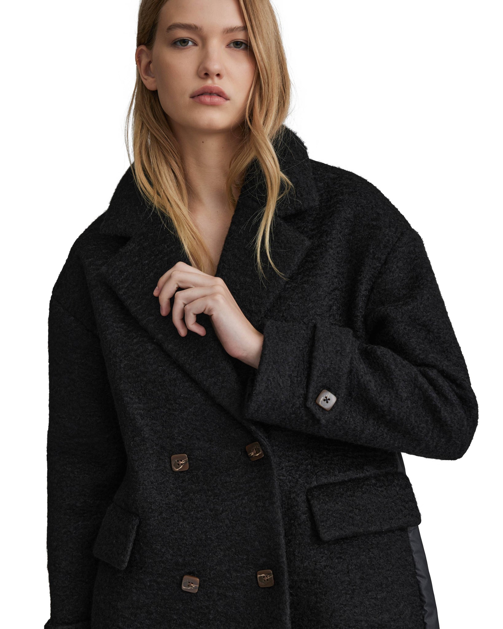 Y4715NVL - BOUCLE MIXED MEDIA PUFFER COAT: Black