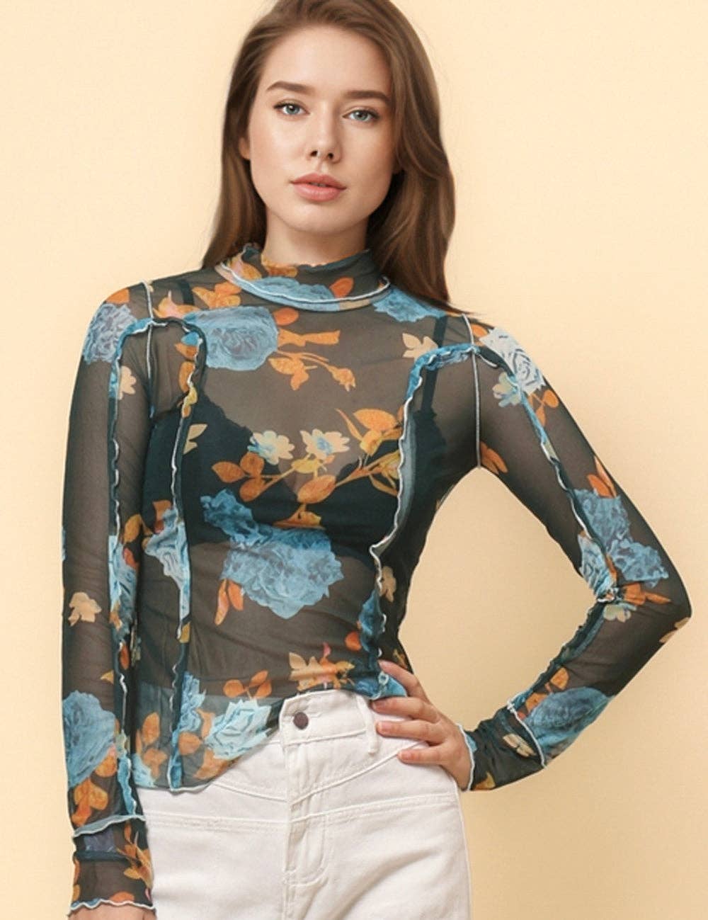 Ladies Floral See Sheer Mesh Layring Top Pullover Blouse SKT4799: Green