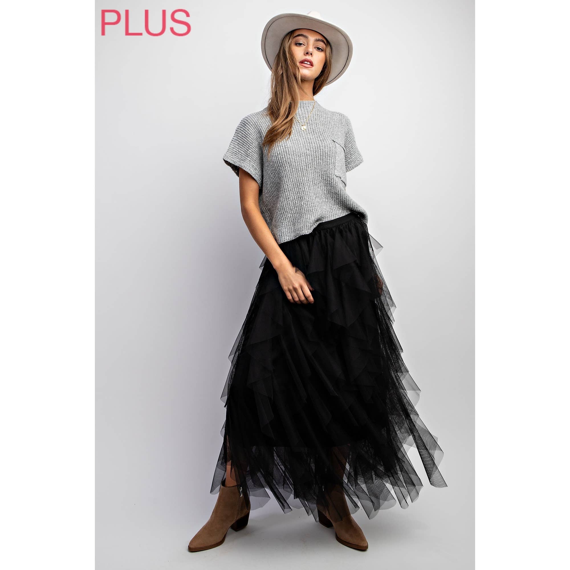 PLUS CASCADING TULLE MESH LAYERED MAX SKIRT: Black