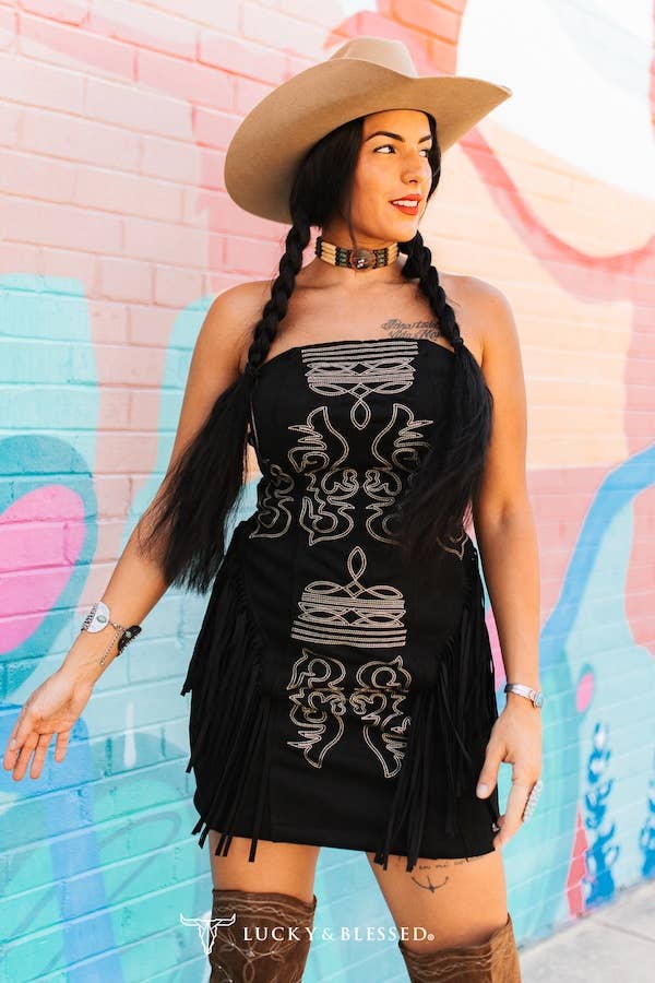 Black Suede Boot Stitch Embroidered Fringe Dress: