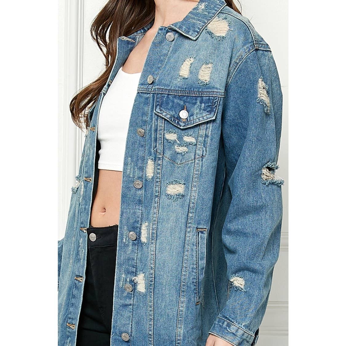 Distressed Long Denim Jacket: Med Wash