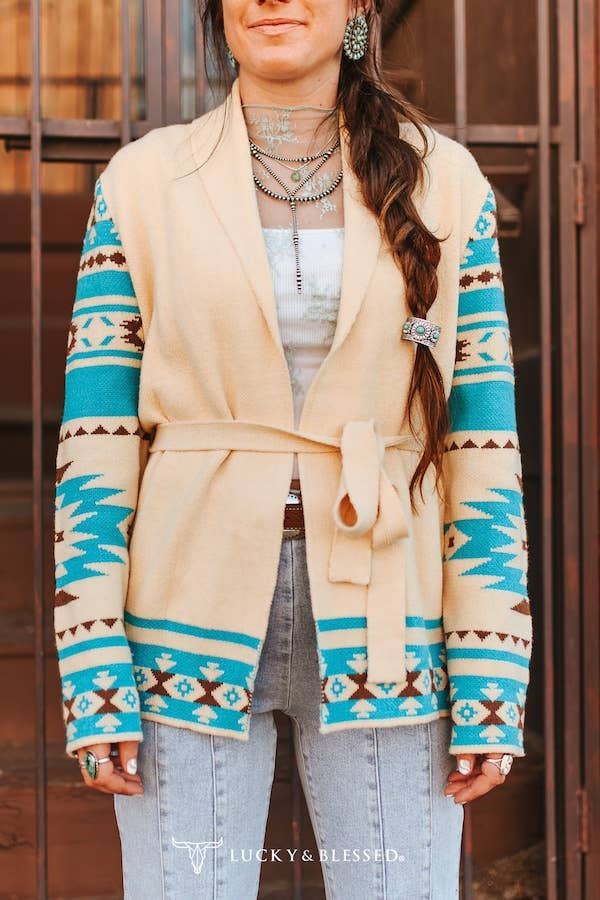 Cream Turquoise Cowboy Knit Sweater Cardigan