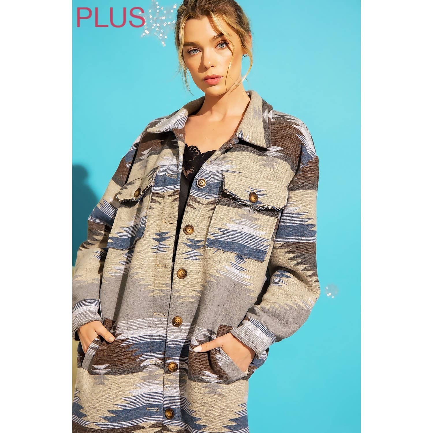 PLUS LONG TRIBAL AZTEC BUTTON DOWN SHIRT JACKET SHACKET: Taupe / Blue