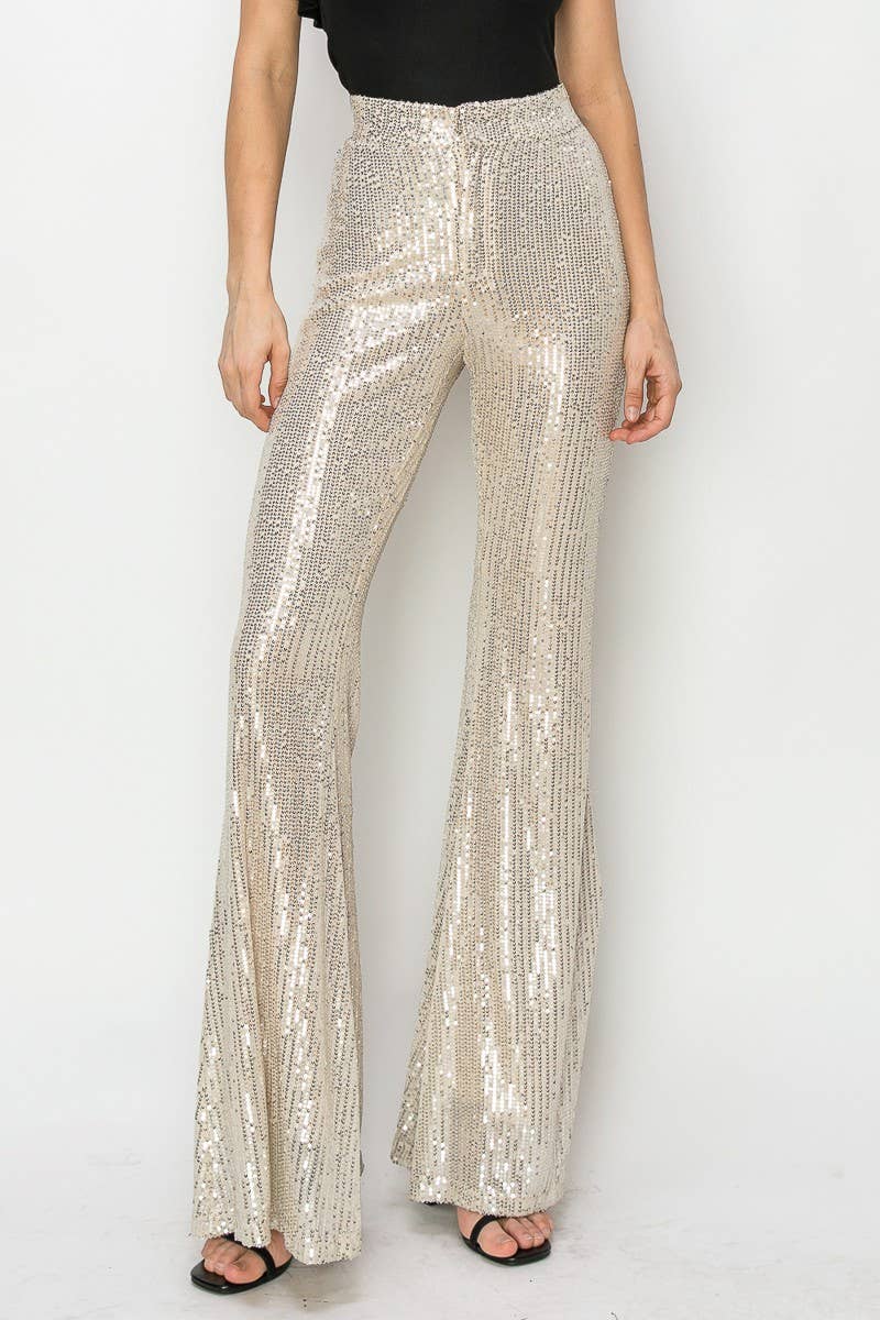 SEQUINS FLARED LEG PANTS 2405: CHAMPAGNE
